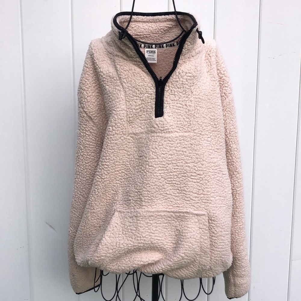 PINK Victoria's Secret sherpa sweatshirt size large cream fuzzy top sweatshirt - Picture 2 of 6
